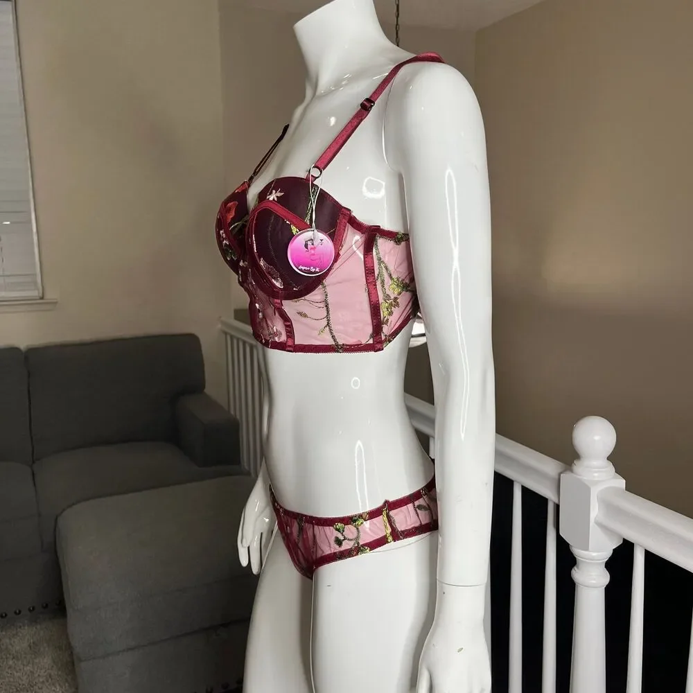 Sexy Floral Lace Lingerie Matching Set Women’s Size L #675